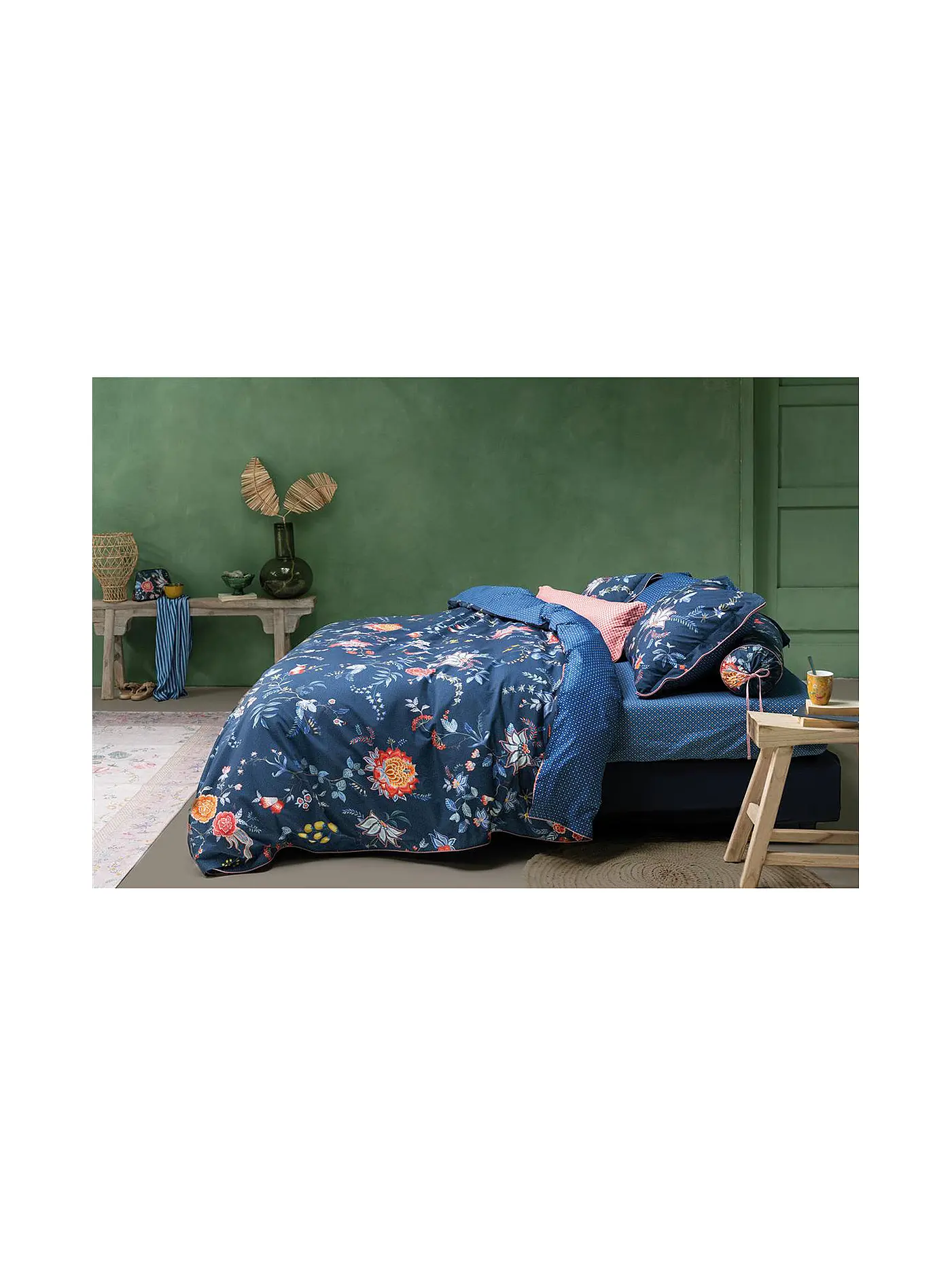PIP STUDIO | Perkal Bettwäsche Flower Festival  2x 70x90cm / 200x200cm White | dunkelblau
